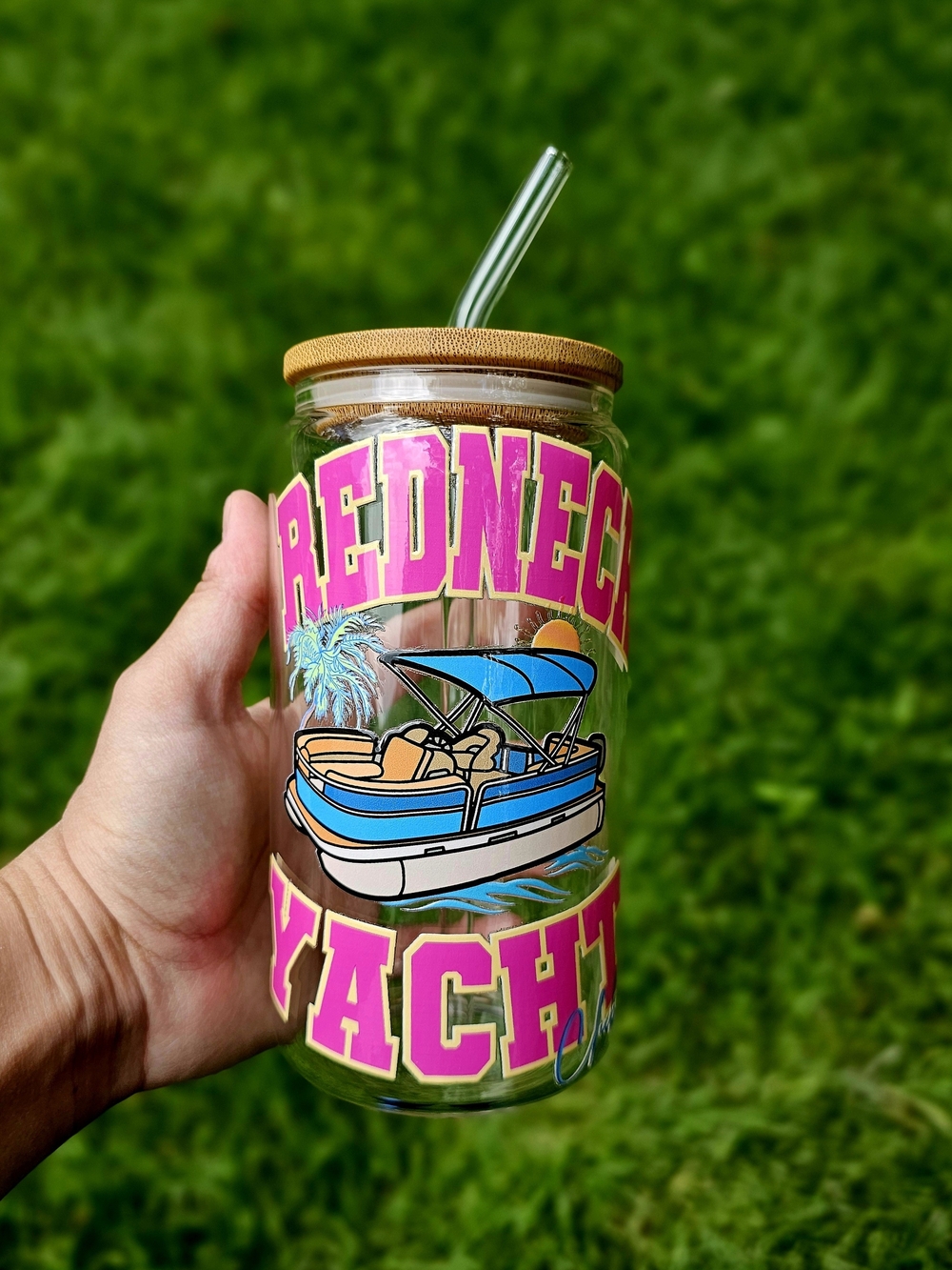 Handmade 16oz Glass Can Tumbler Redneck Yacht Club Boat Cup